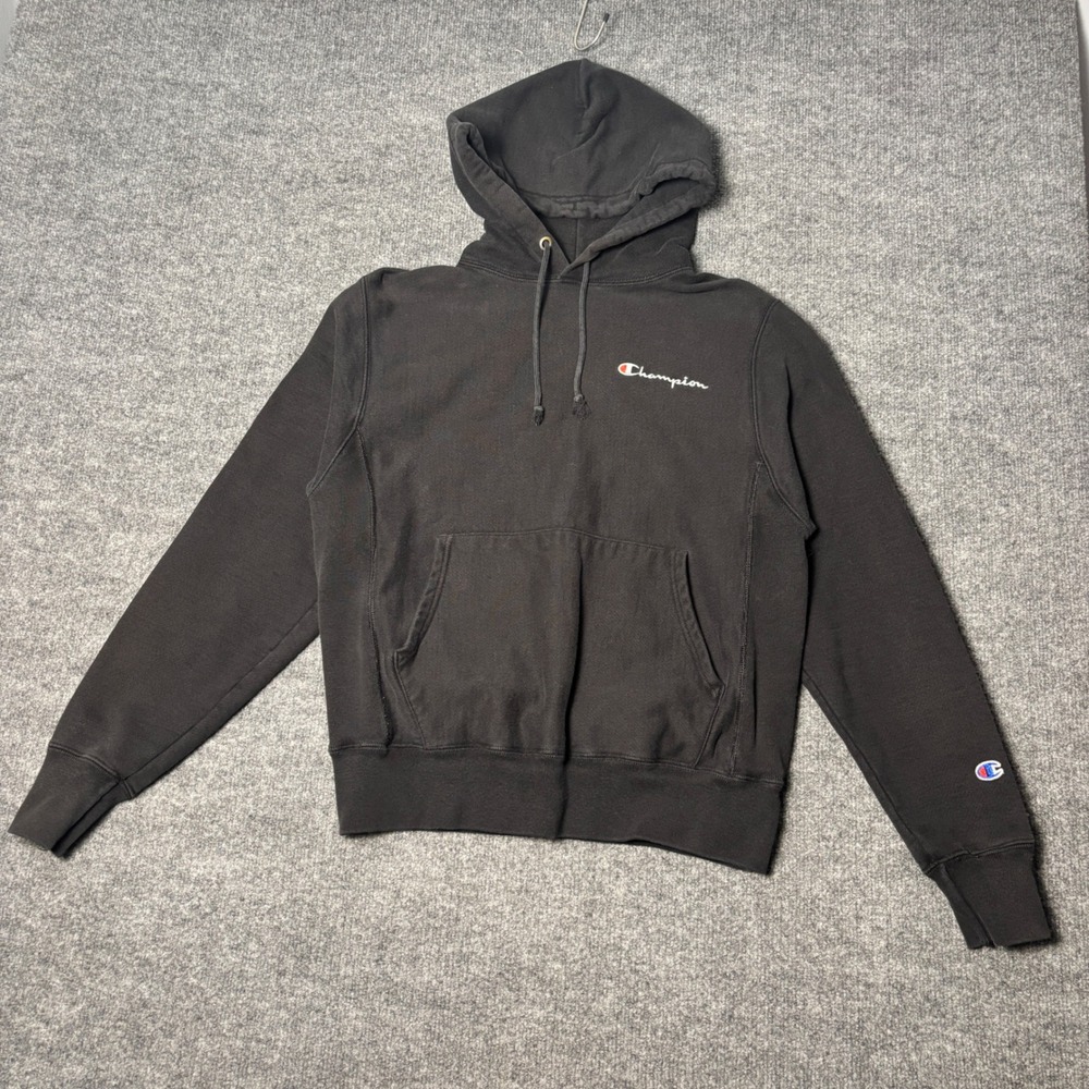 Champion Men's Small Reverse Weave Hoodie Black Script Logo Pullover